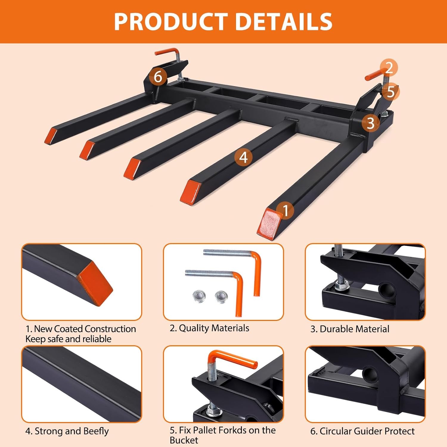 Clamp on Debris Pallet Forks to 48" Bucket 2500lbs Heavy Duty 5 Fork Tines