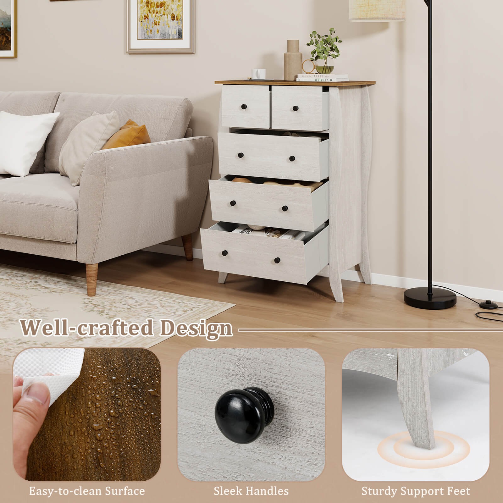 38" Farmhouse Chest of Drawers with 5 Folding Fabric Drawers & Anti-tipping Kit