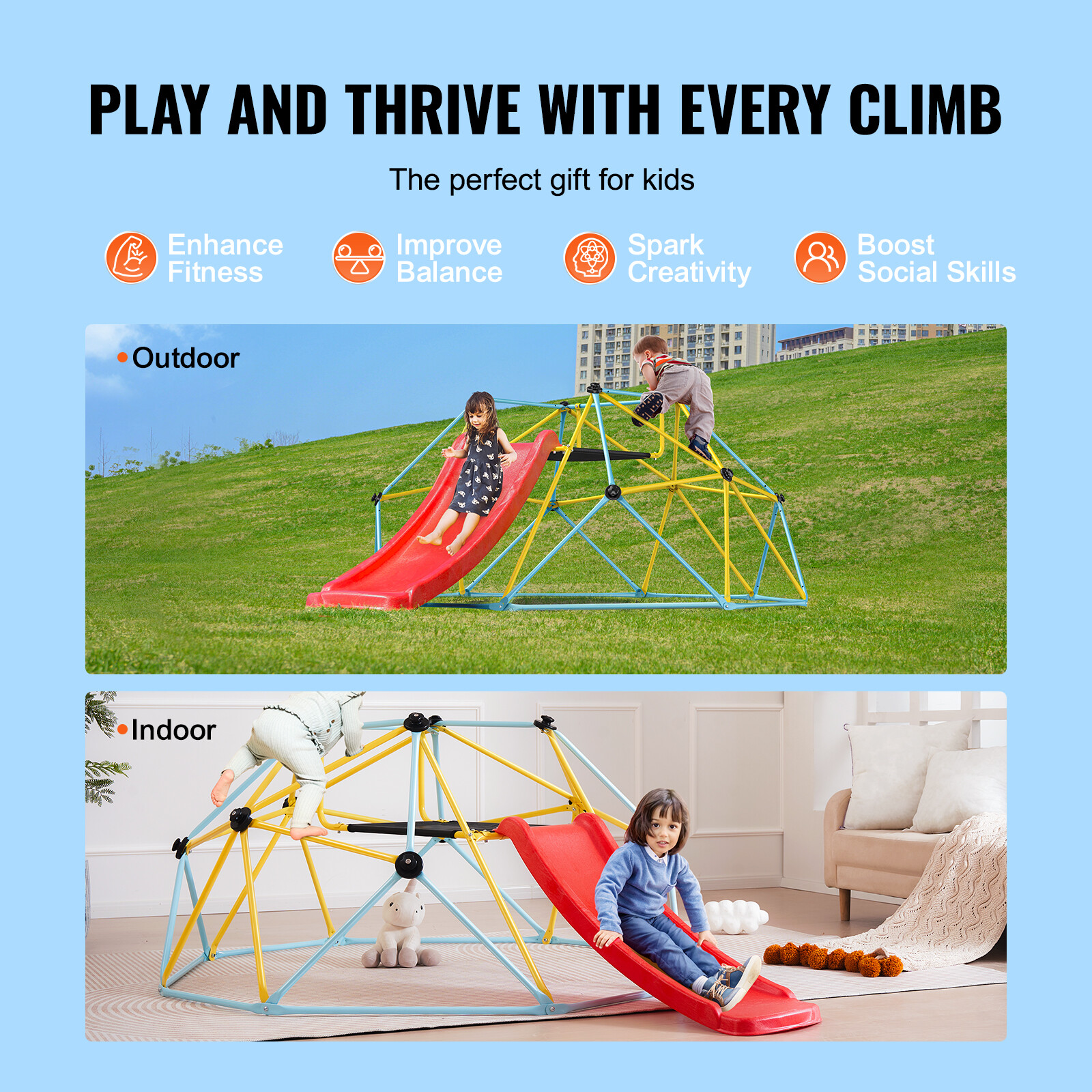 VEVOR Climbing Dome 8FT Geometric Dome Climber with Slide Jungle Gym 3-9 Years