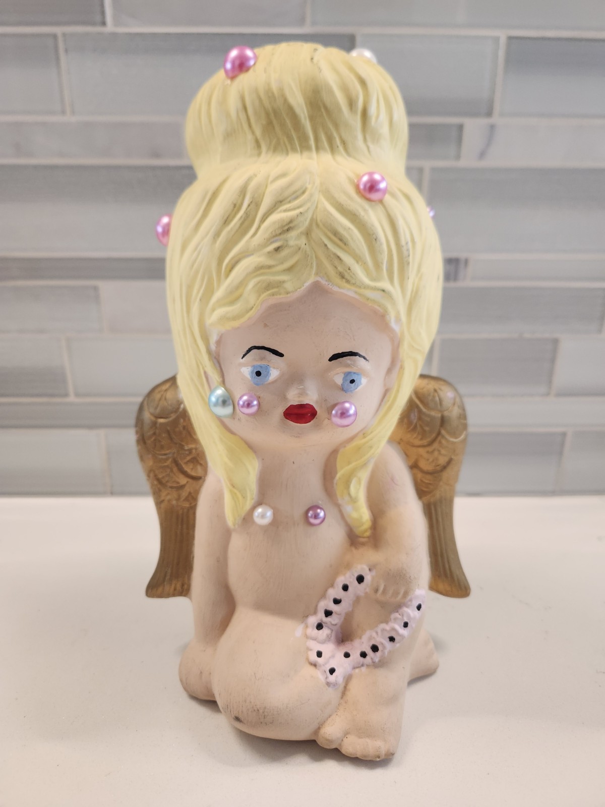 Weird Blonde Winged Angel Cherub 9.5" Statuette Figure 1982 Kathy's Ceramics