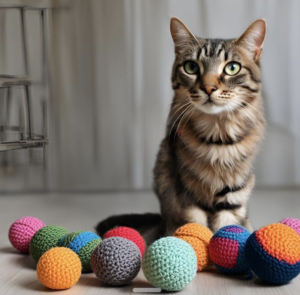 Set of 6 Handmade Crochet Cat Toys Balls Amigurumi with BELL Inside, 2" diameter