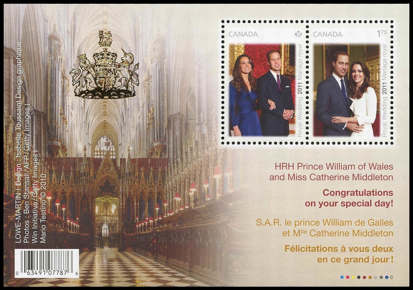 Canada Stamps Overprinted souvenir sheet of 2 , Royal Wedding, #2465c MNH