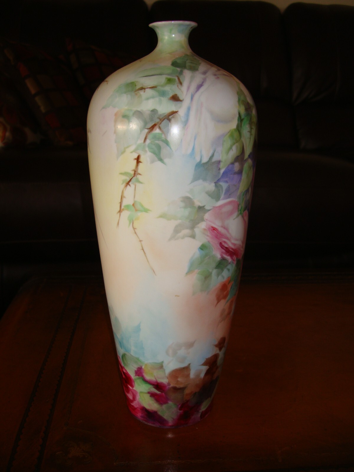 ANTIQUE HOHENZOLLERN GERMANY LARGE 14" HAND PAINTED PORCELAIN VASE, PINK ROSES