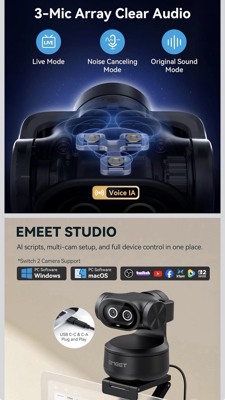 EMEET PIXY 4K AI Dual-Camera Webcam with Gesture Control & Tracking. New Sealed