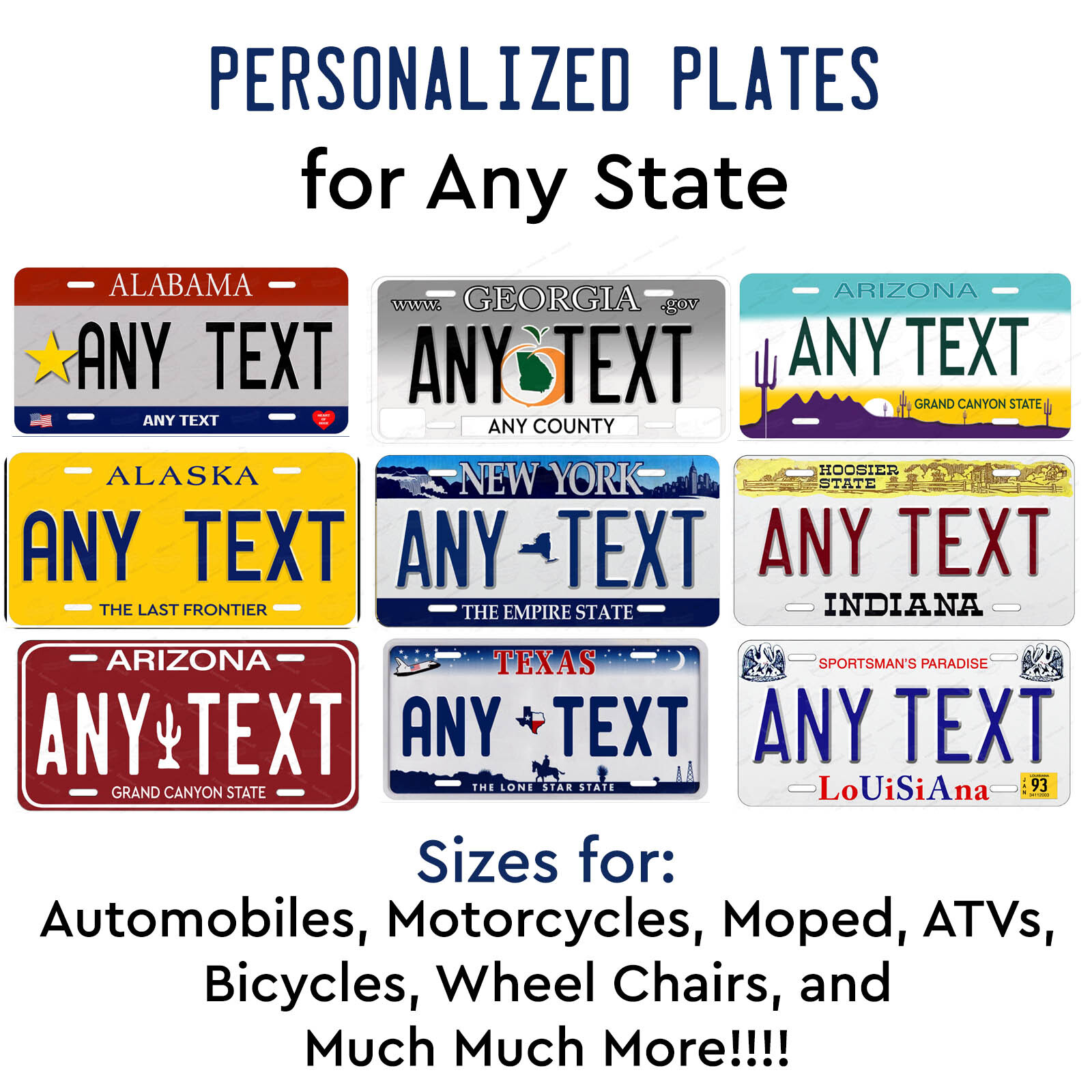 Any State License Plate Tag Personalized Custom Any Text Auto Car Bike Bicycle