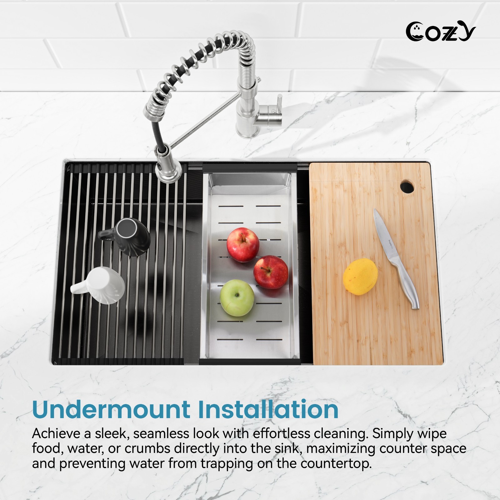Cozy undermount stainless steel Black sink 30x19x10 inch with accessory