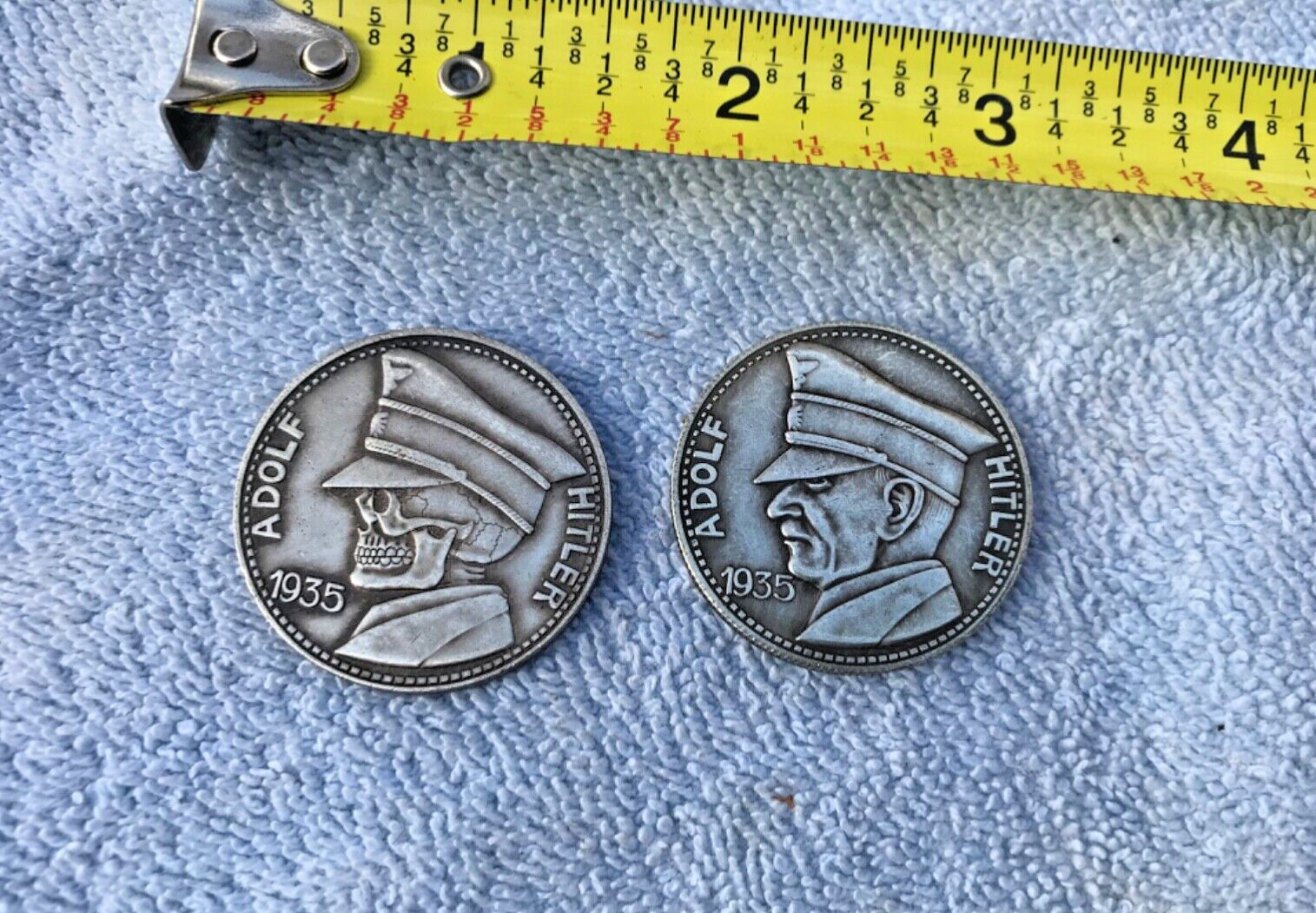 Lot of 2 - 1935 5 REICHSMARK GERMAN FUHRER & SKULL FACE WWII COMMEMORATIVE COIN