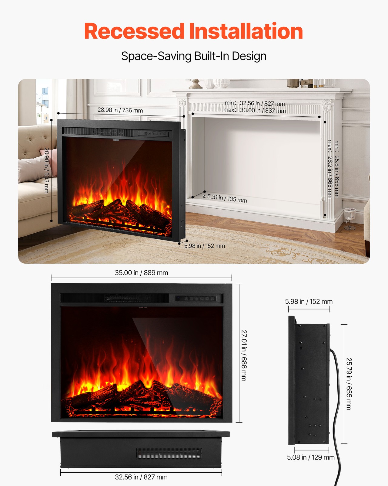VEVOR 35in Electric Fireplace Insert Wall Recessed Heater 750W 1500W Remote