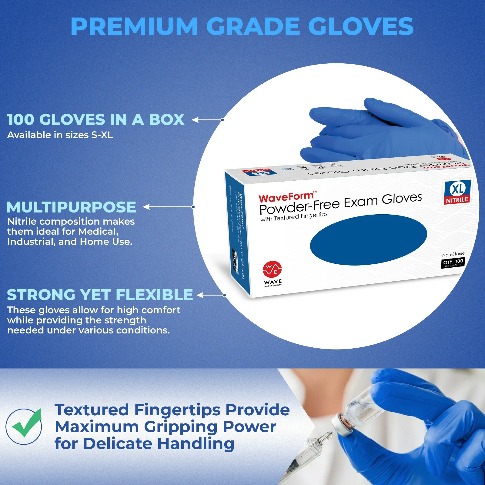 WAVE Blue Nitrile Disposable Exam/Medical Gloves 4 Mil, Latex & Powder Free
