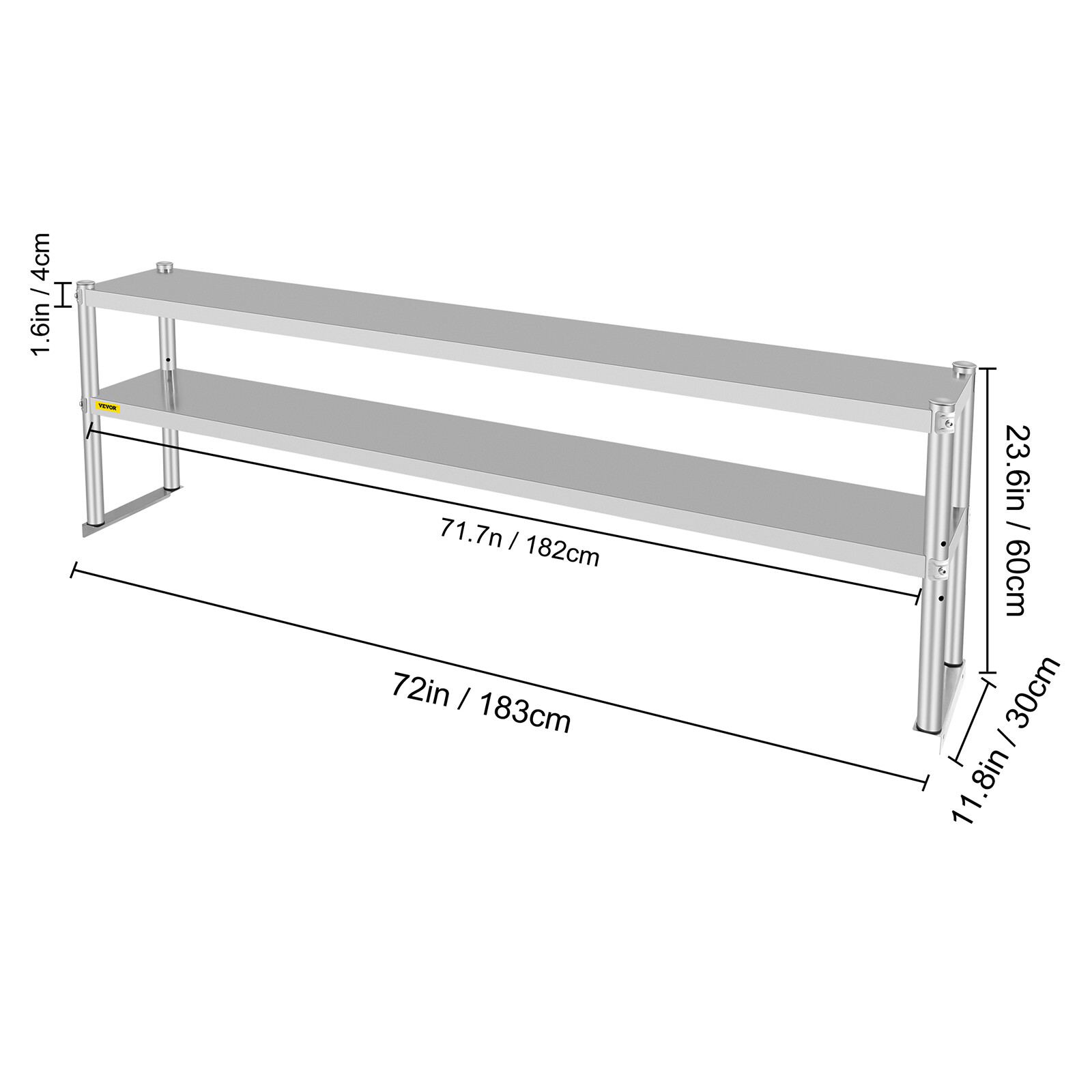 VEVOR Stainless Steel Commercial Wide Double Overshelf 72"X 12" for Prep Table