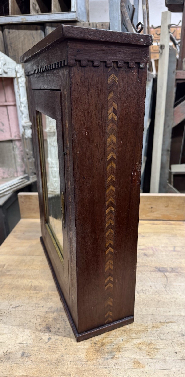 Antique Victorian Medicine Cabinet w/ Inlay Wood Wall Cabinet Original Mirror