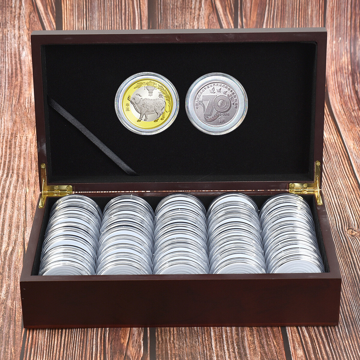 50 Pcs 46Mm Coin Capsule Case Gasket Holder Wooden Portable Storage Box Case