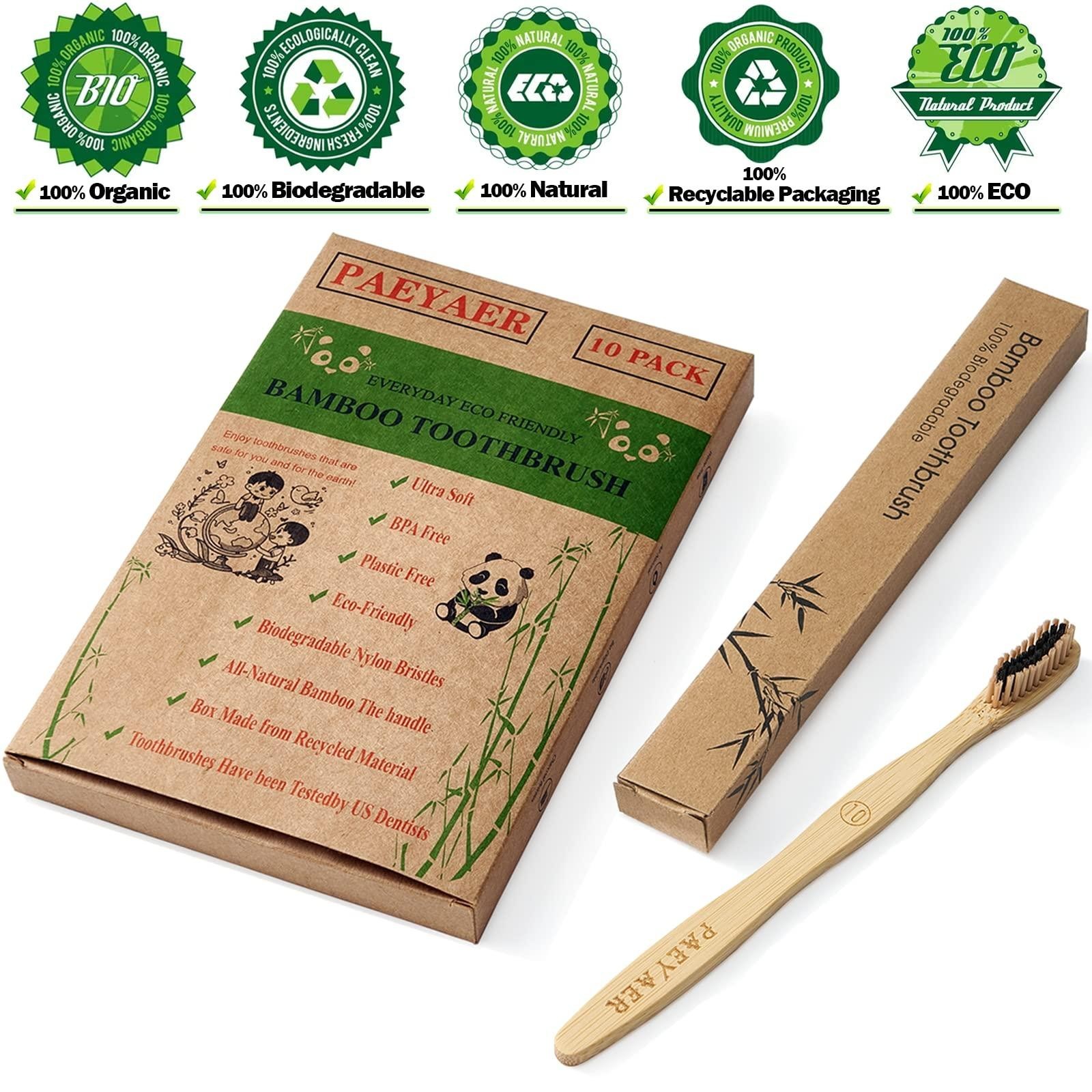 10 Pack Bamboo Toothbrushes – Charcoal Soft & Medium Bristles, Eco Friendly Wood