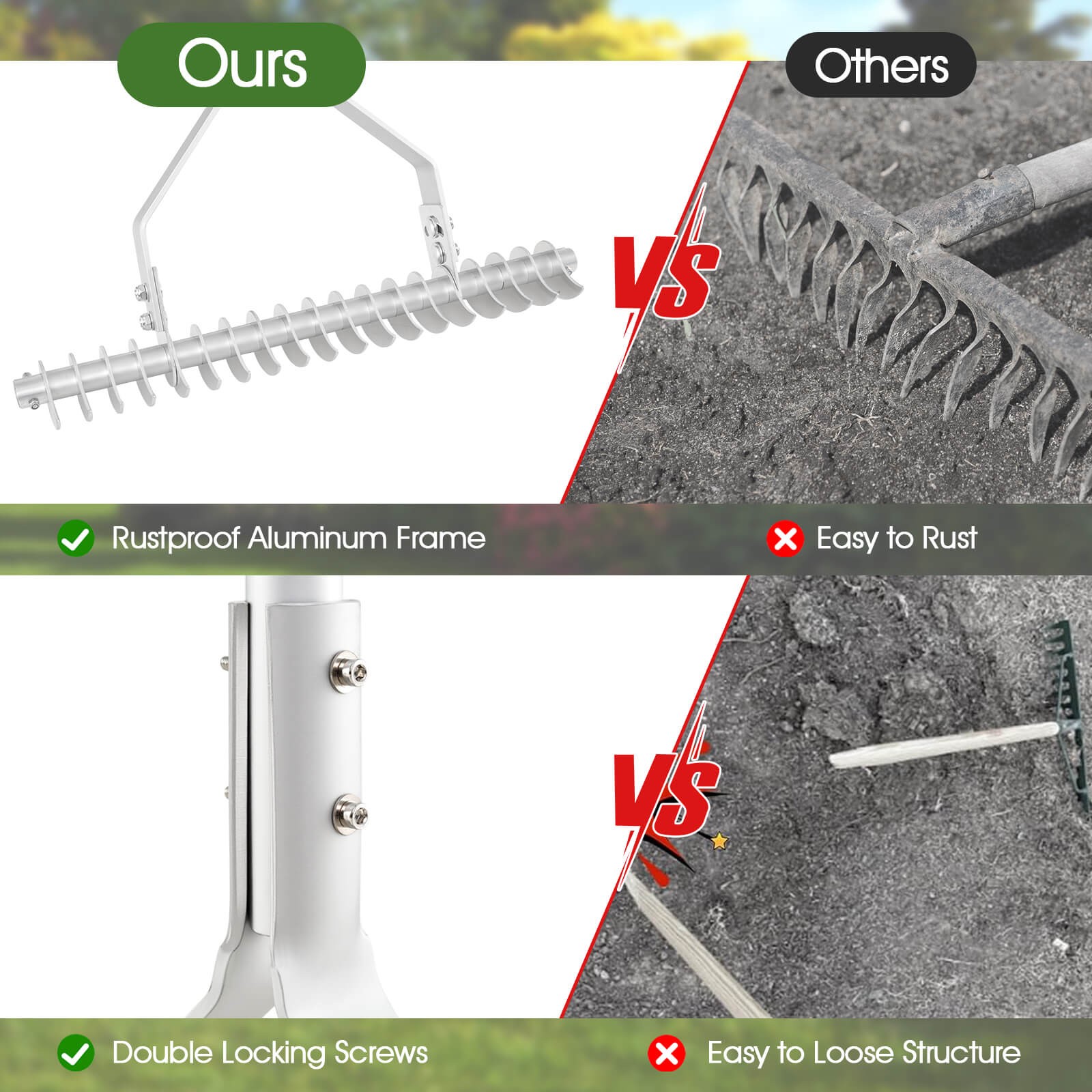 70" Garden Thatch Rake with Long Handle & 19 Curved Tines