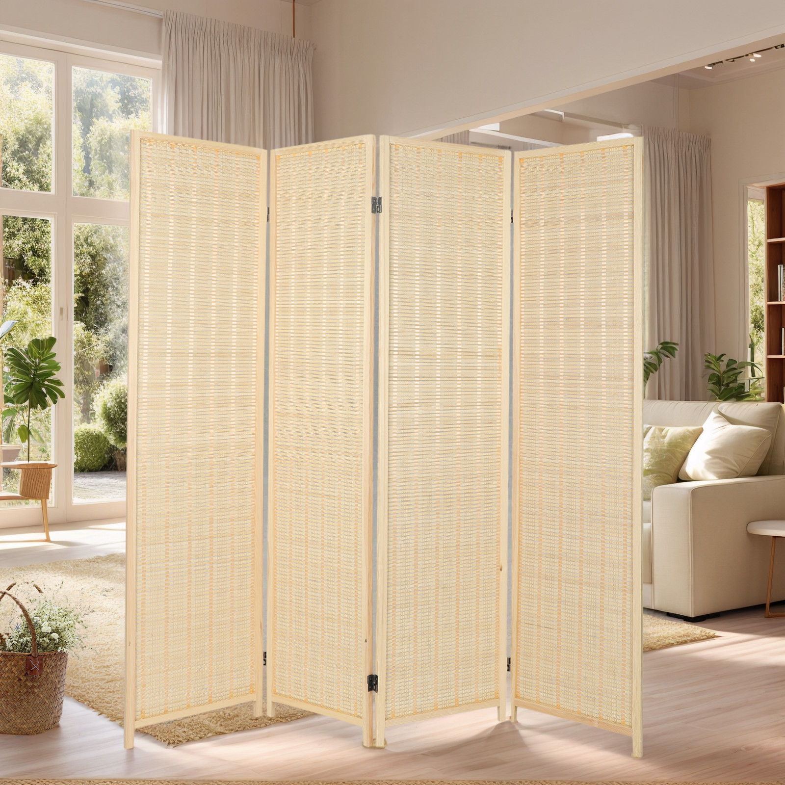 Room Divider Folding Privacy Screen 4 Panel Bamboo Partition Wall Separation