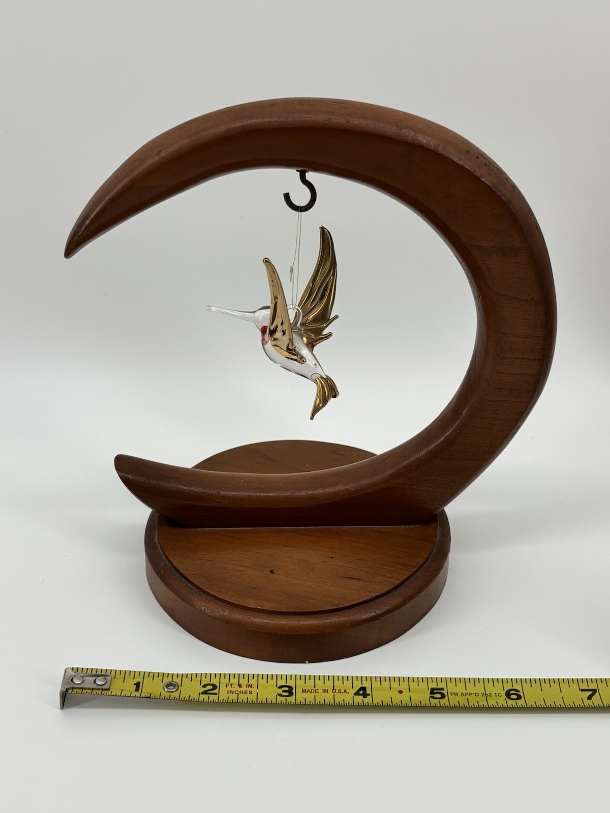 Vtg Wood Crescent Stand With Glass Hummingbird Moon Ornament Display Holder 7"