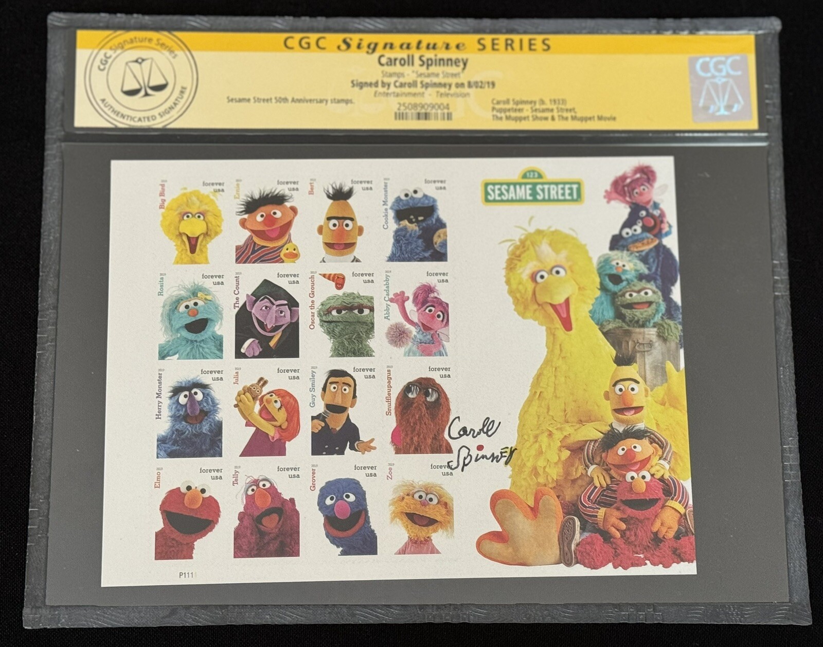 Sesame Street 50th Anniversary Uncut Stamp Sheet CGC Signed Caroll Spinney