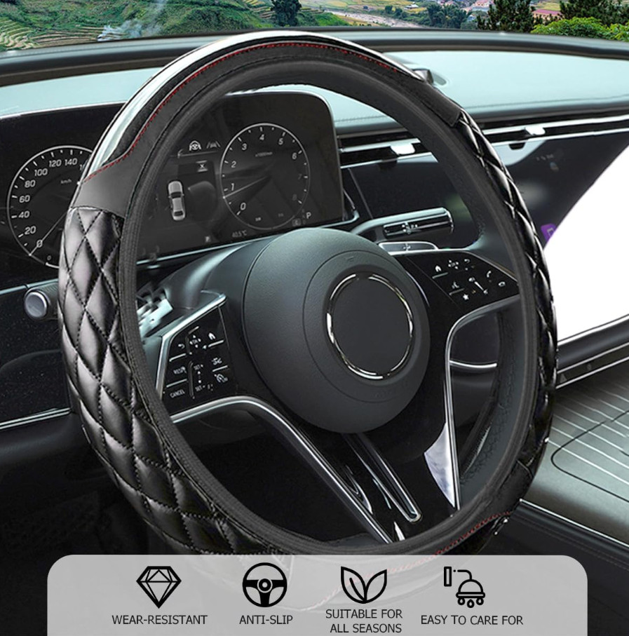 Car Steering Wheel Cover, 15 Inch Elastic Stretch Carbon Fiber Leather Anti-Slip