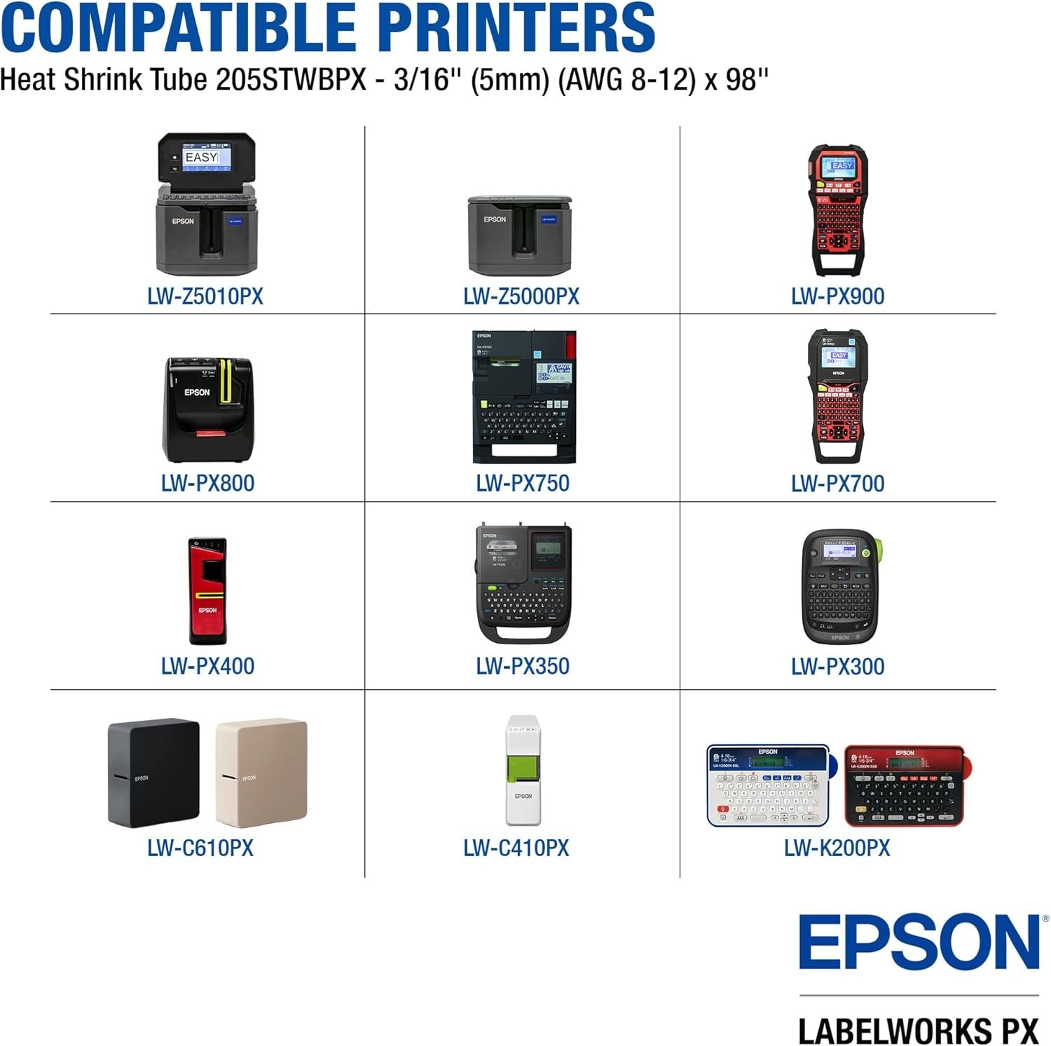 Epson LABELWORKS 205STWBPX White on Black Shrink Tube 3/16" (5mm) - 205STWBPX