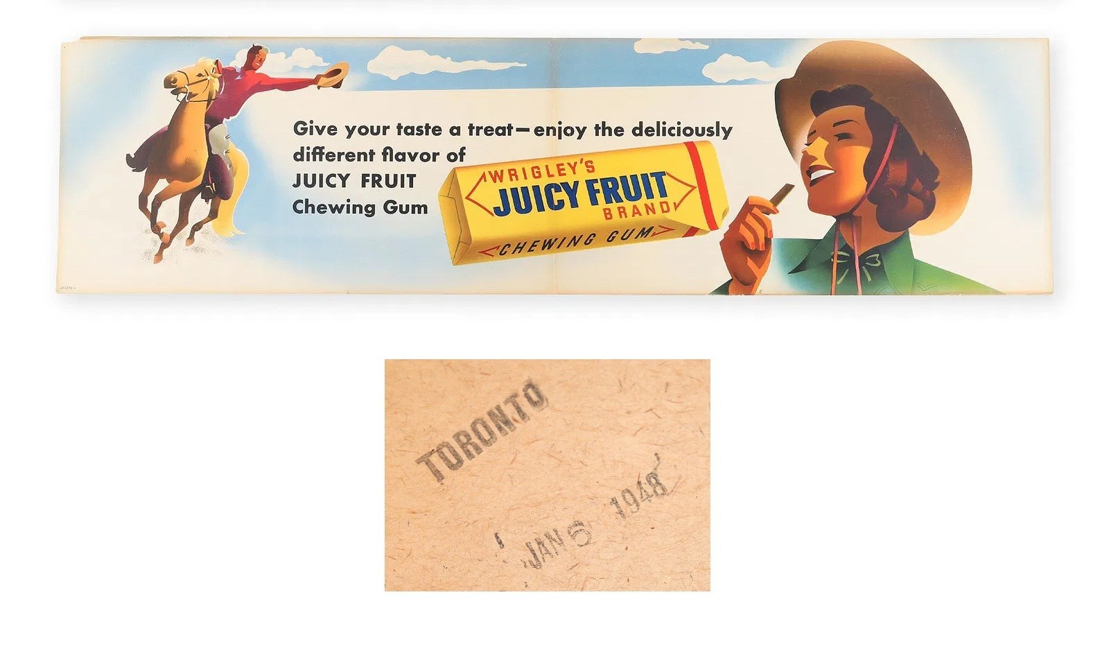 Vtg 1940's Otis Shepard Western Wrigley's Juicy Fruit Gum Lithograph Sign B-1048