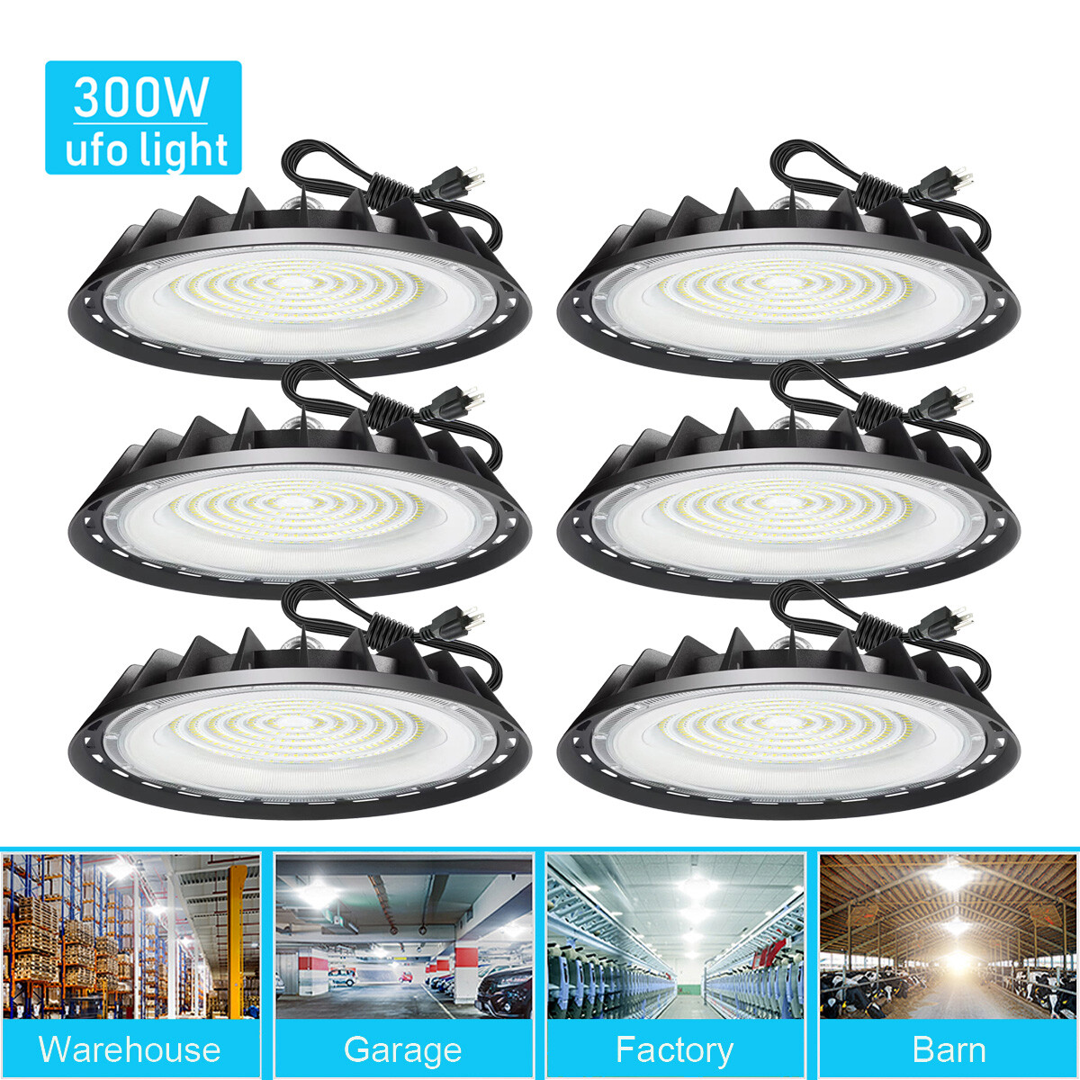 6 Pcs 300W UFO Led High Bay Light 5000K Industrial Warehouse Commercial Lights
