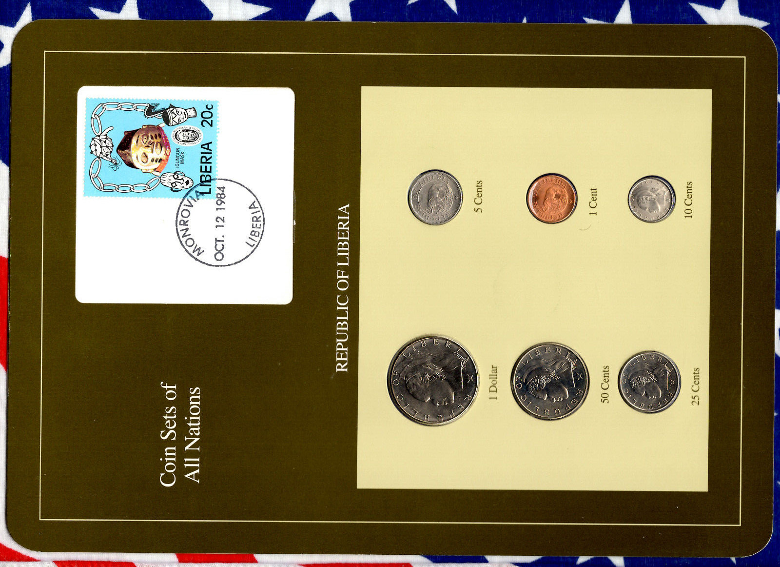 Coin Sets of All Nations Liberia w/card  UNC $1,50,25 cent 1968 10,5,1 cent 1984