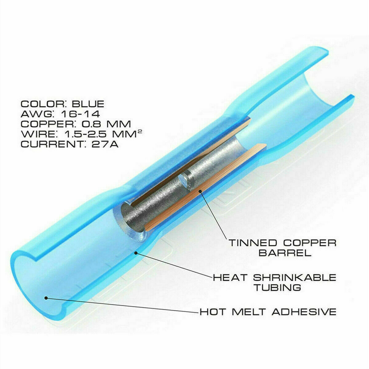 100X BLUE HEAT SHRINK BUTT CONNECTORS WIRE 14-16 GAUGE WATERPROOF WIRING