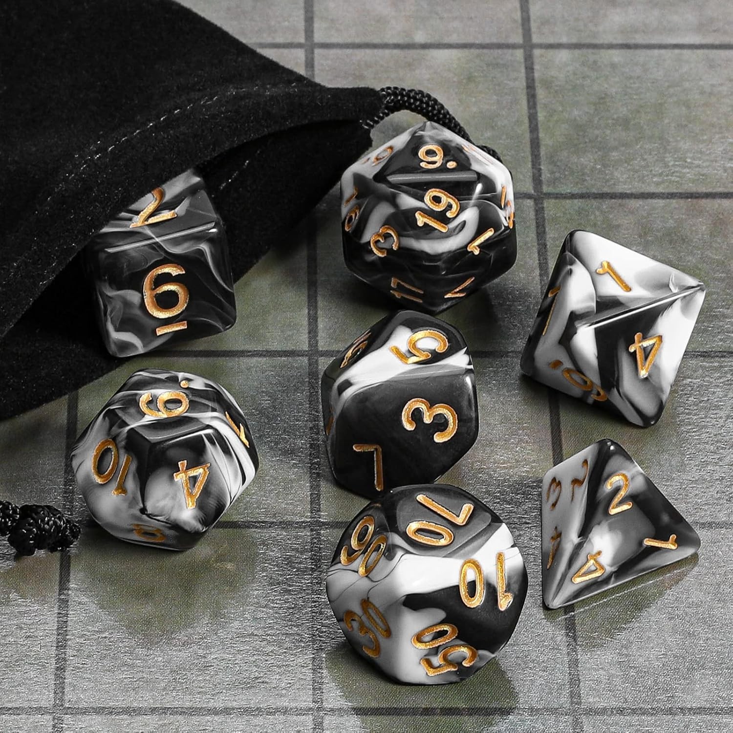 Complete 7-Piece Polyhedral Dice Set for D&D, RPGs - Stylish Velvet Bag Included