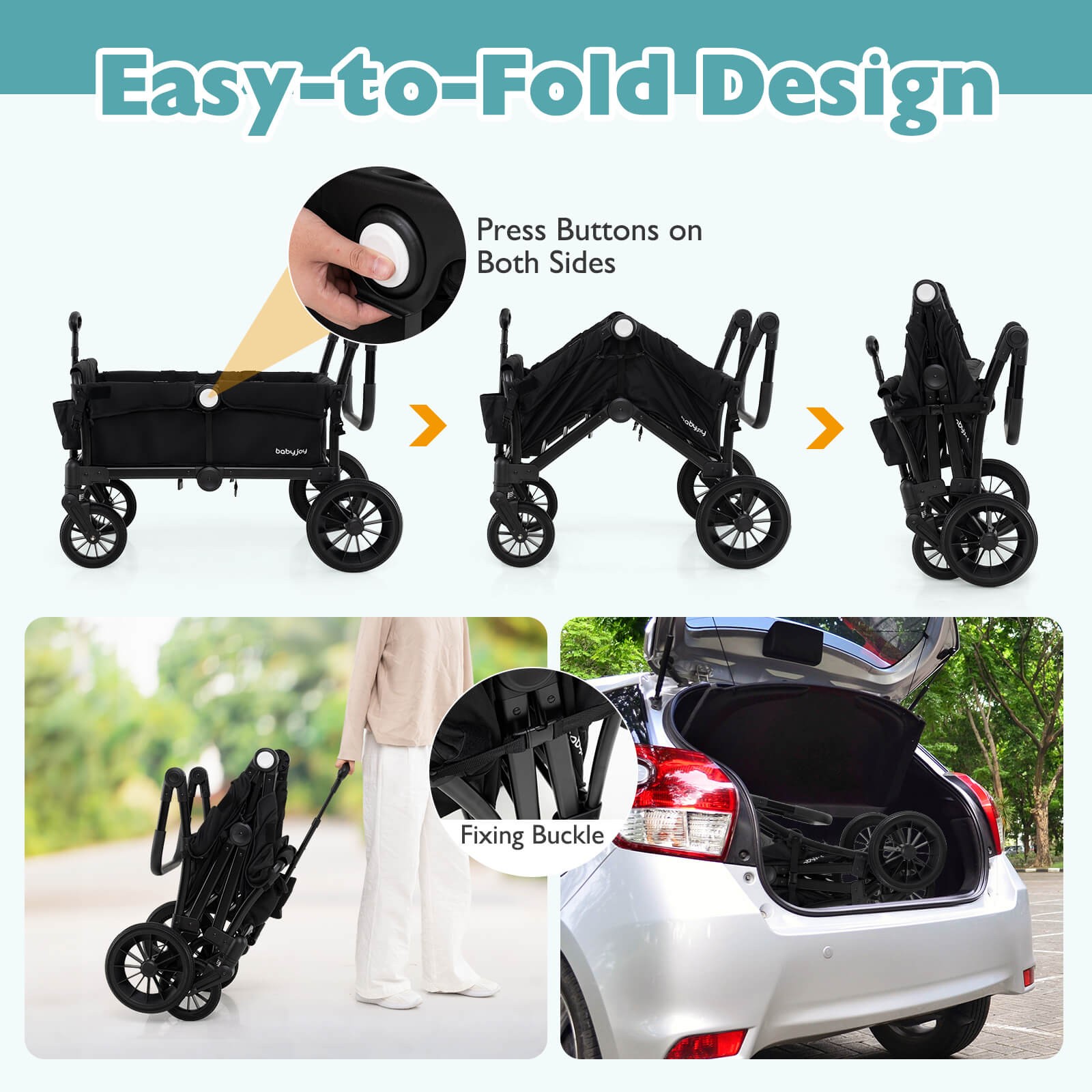 Wagon Stroller for 2 Kids Push Pull Double Stroller with Adjustable Handle