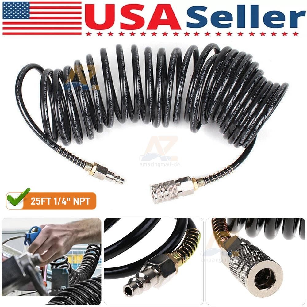 Heavy Duty Recoil Air Hose 25ft 1/4" Flexible Compressor Quick Coupler 200PSI~