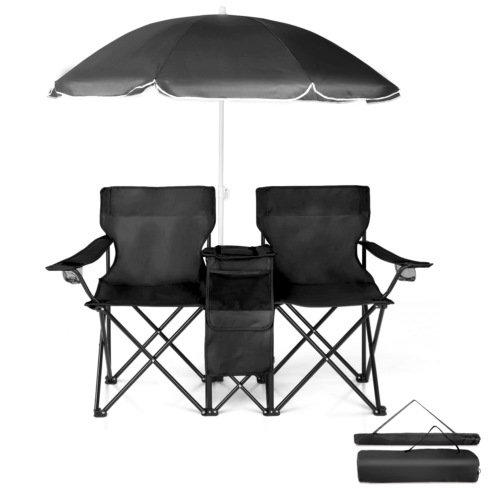 Folding Camping Outdoor Picnic Double Chair with Umbrella Table Cooler Beach New