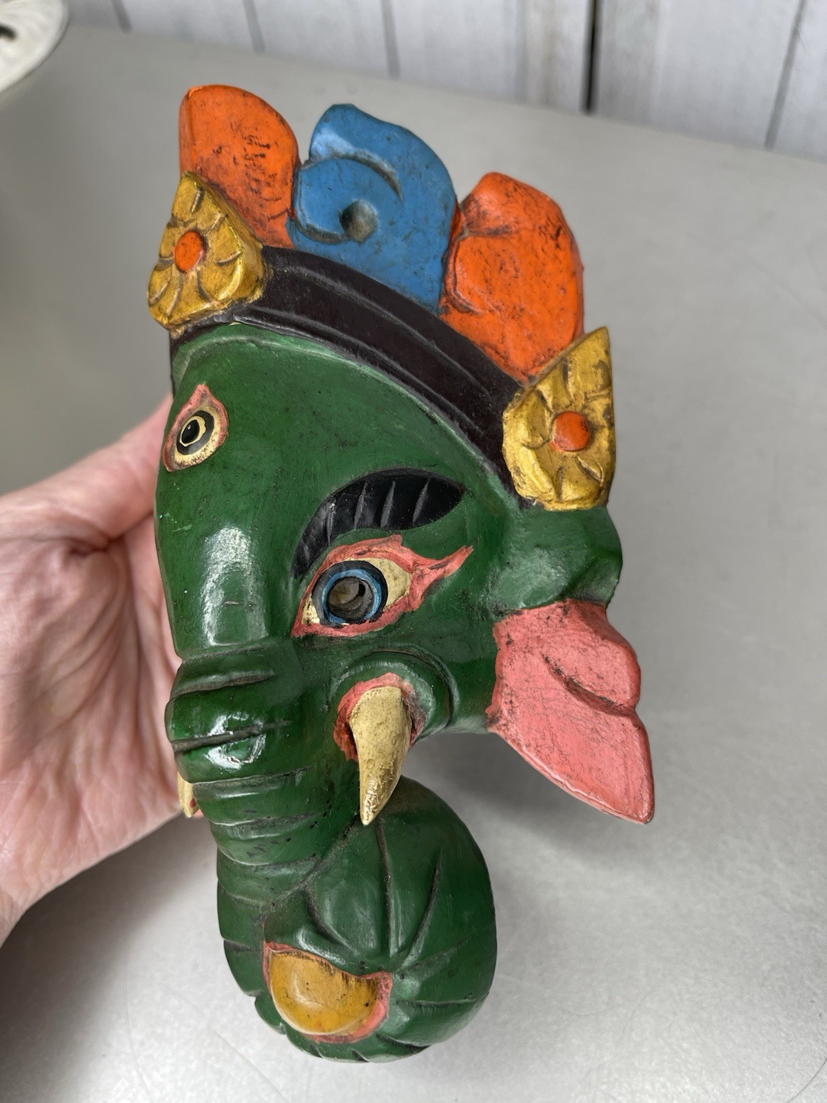 Wooden Carved GANESH Mask Wood CARVED MASK Hand Painted VTG