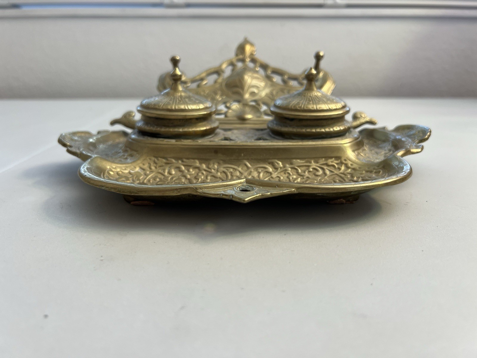 Vintage Gilded Cast Brass Art Nouveau Elephants Ornate Double Inkwell