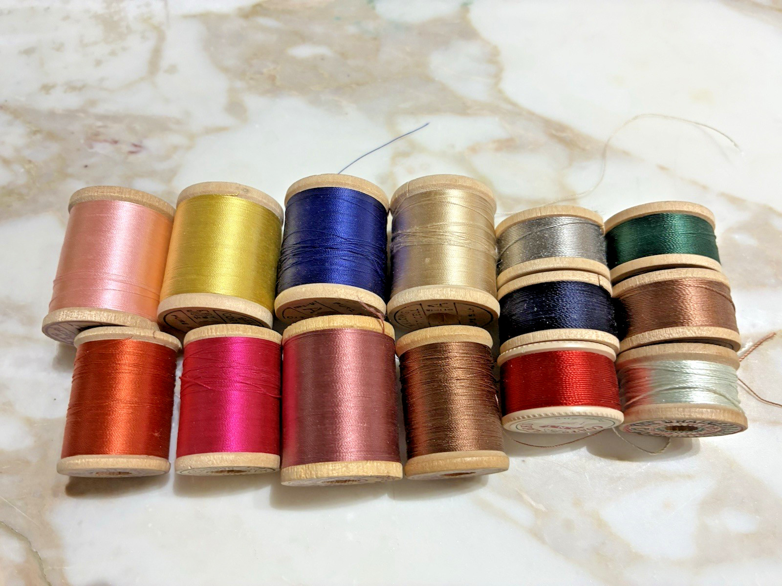 14 vintage silk thread most on wooden spools