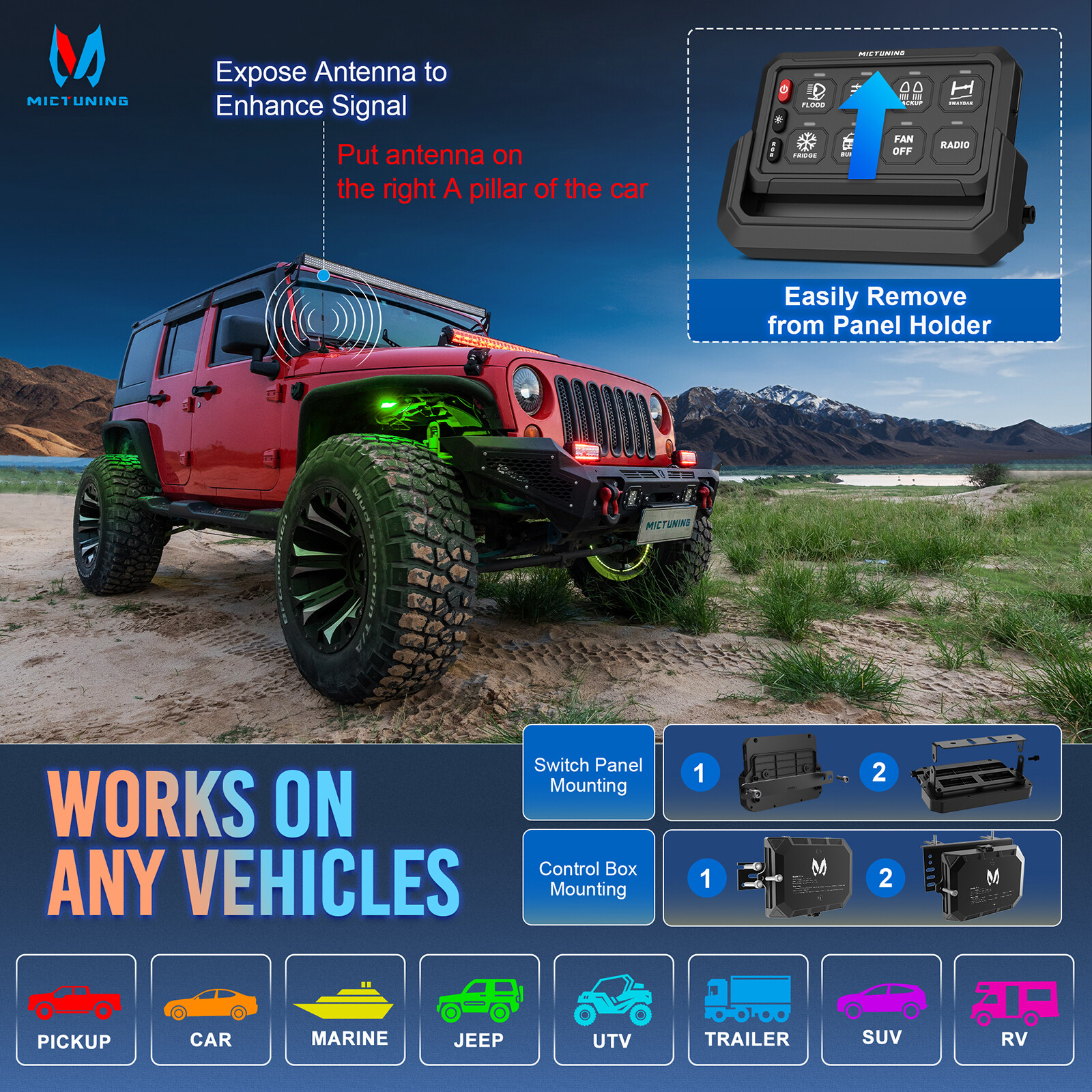 MICTUNING P1s 8Gang Switch Panel,Wireless Cordless,Auxiliary Circuit Control Box