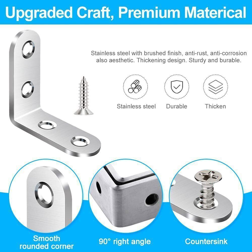 Stainless Steel L-Shaped Bracket Corner Brace 1.5in 90 Degree Angle Corner Lot