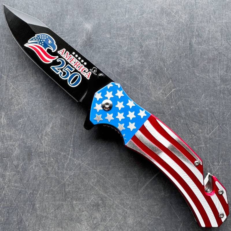 USA American Flag Patriotic "250 Years" Spring Assisted Folding Pocket Knife EDC