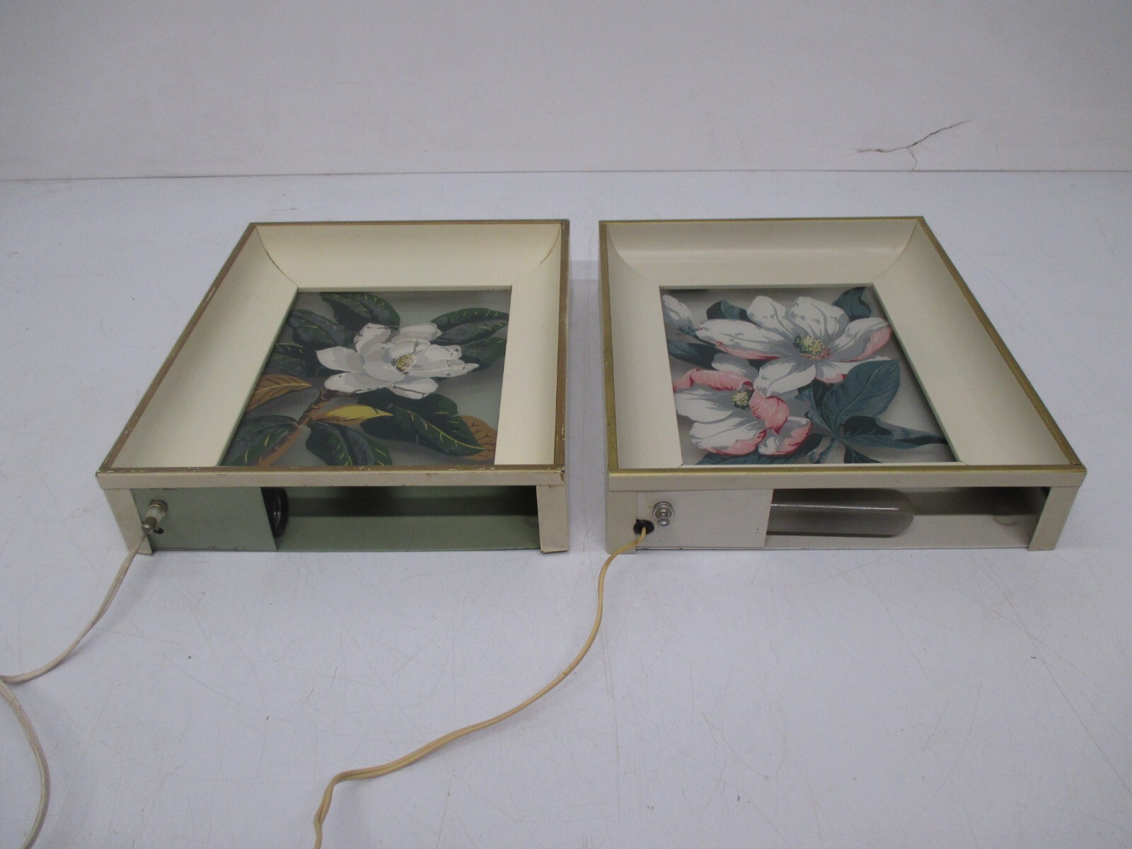 2 Vtg Reverse Painted Glass Floral George Telo Shadow Light Box Lighted Wall Art