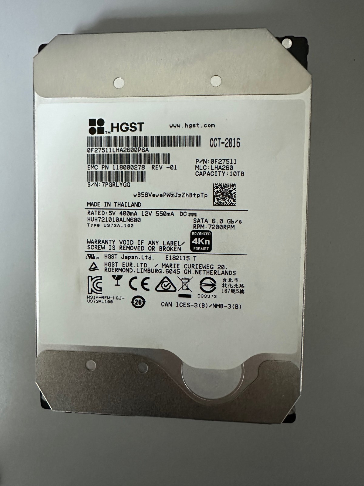 HGST  10TB 7.2K SATA 6Gbps 3.5' 4Kn HDD HUH721010ALN600 118000278 HEALTH 100%