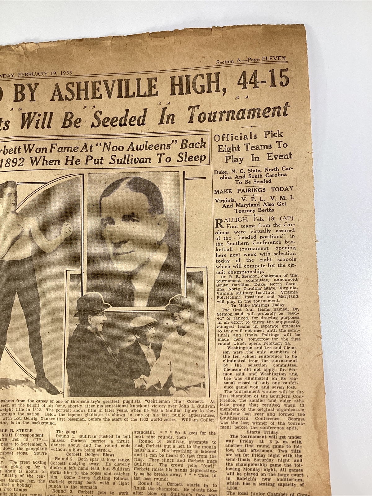 Ashville NC Newspaper Feb 19, 1933 Boxer Jim Corbett Dempsey Lou Gehrig Haverty