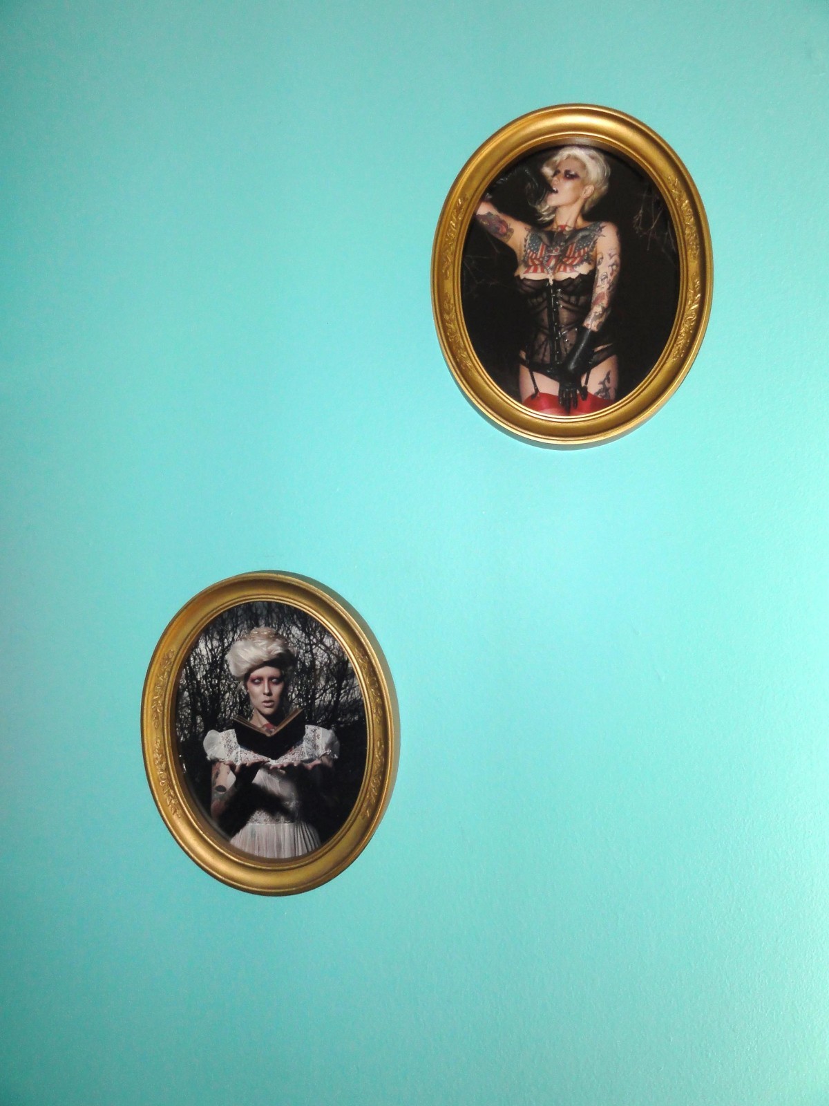 Vintage Two Gold Oval Frames with Gothic Pinup Girl Photos Vampire Look tattooed