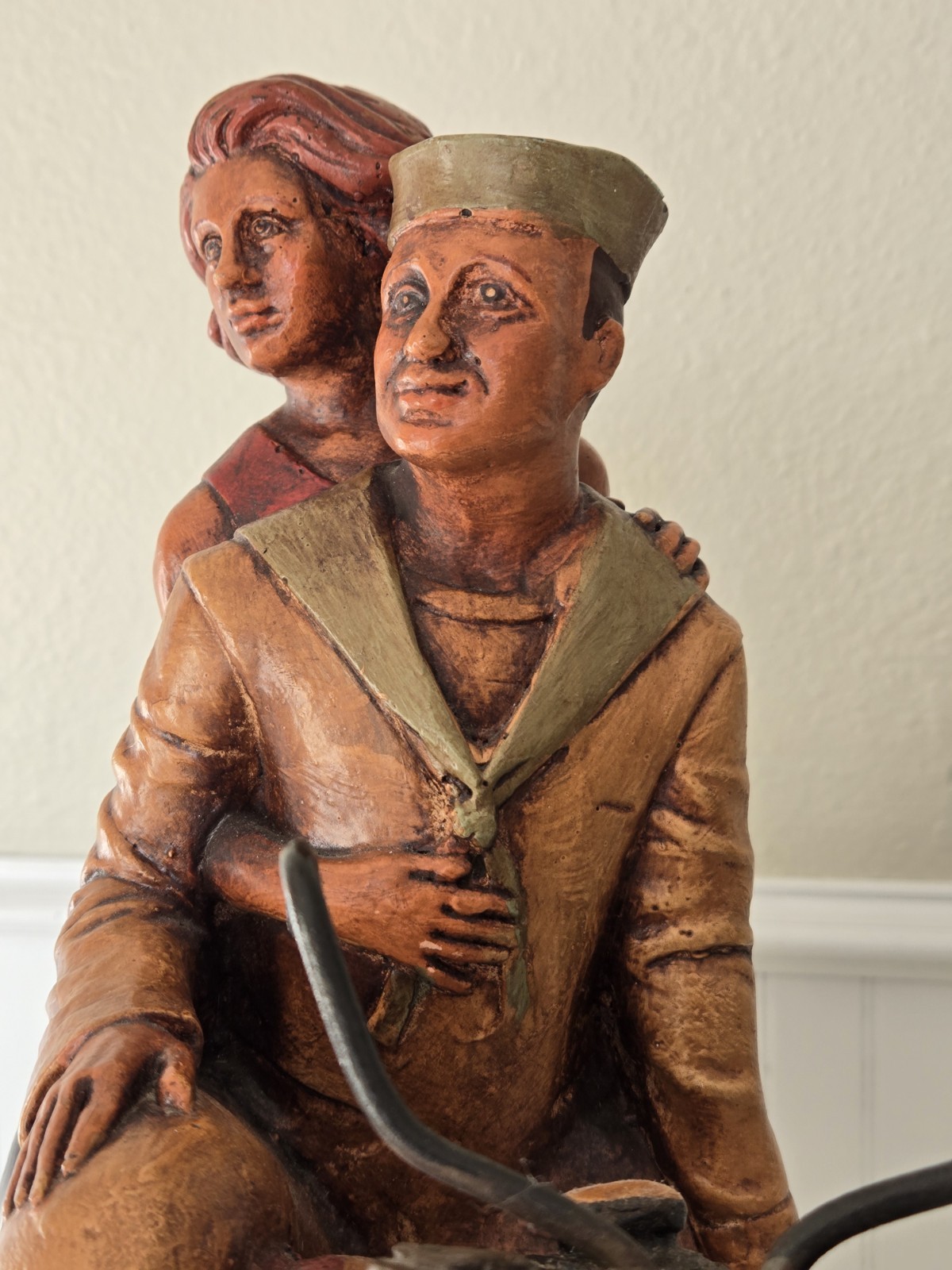 LARGE Wooden Sailor & Date Couple Riding Harley Davidson Motorcycle Sculpture