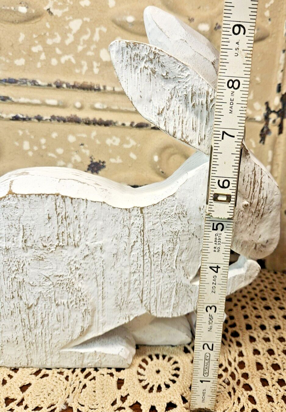 NWT Primitive White Distressed Bunny Rabbit Easter Spring Decor Carved Wood Look