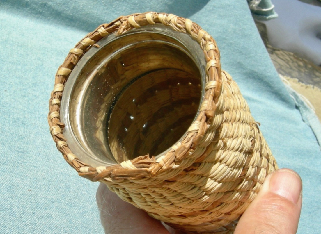 antique PACIFIC NW NATIVE AMERICAN NOOTKA, MAKAH HANDMADE BASKETRY GLASS JAR