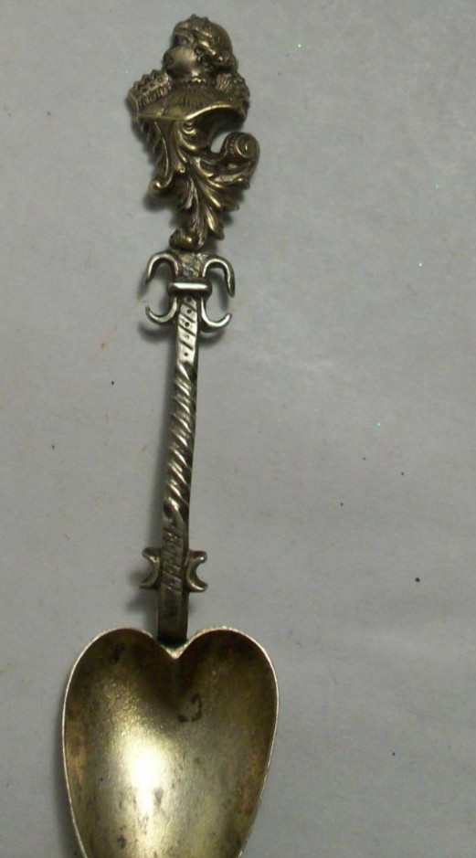 Antique German silver souvenir demitasse spoon heart bowl Queen lady handle top