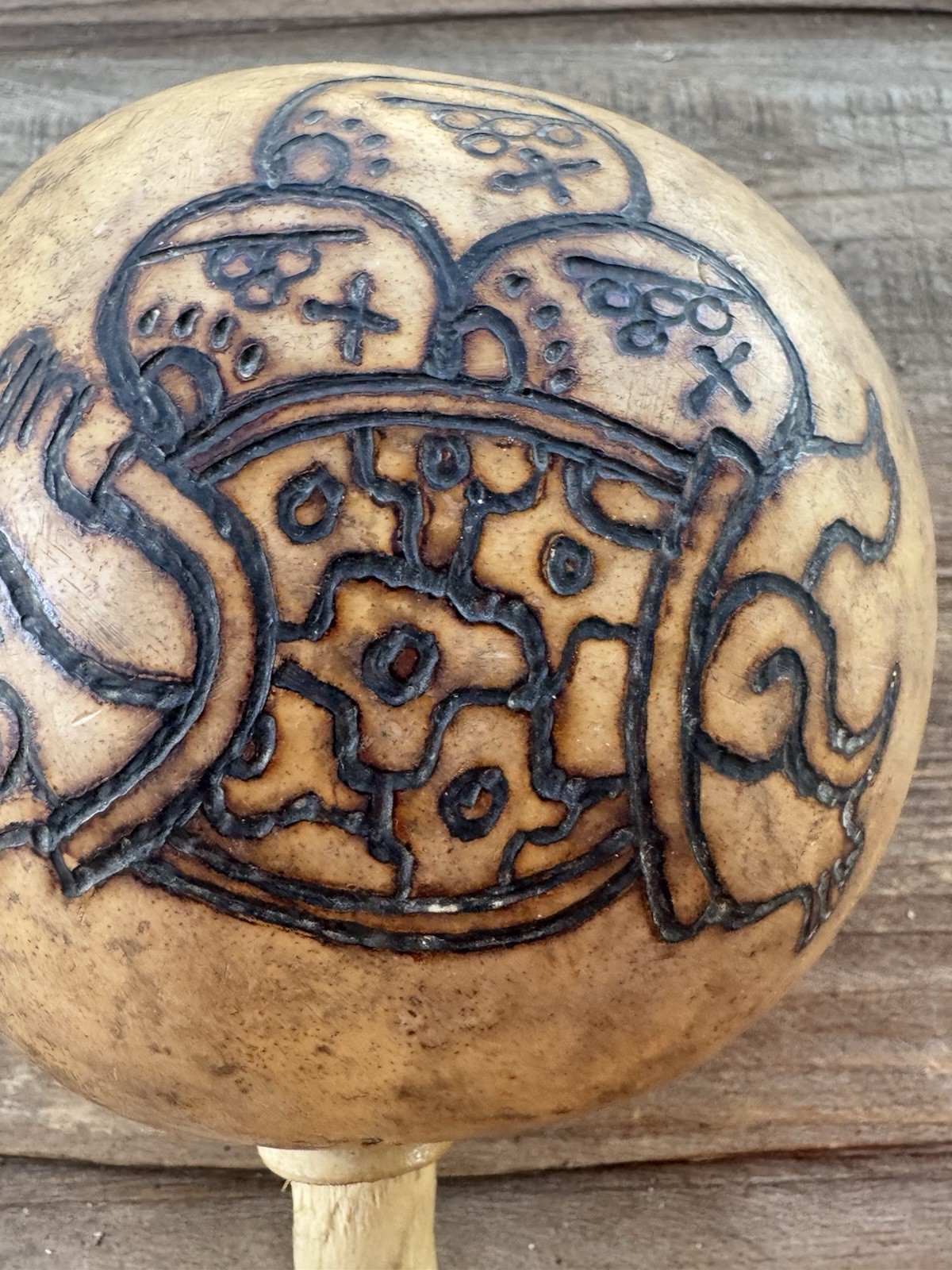 Vintage Decorated Gourd Rattle Turtle Design Folk Art Handcrafted