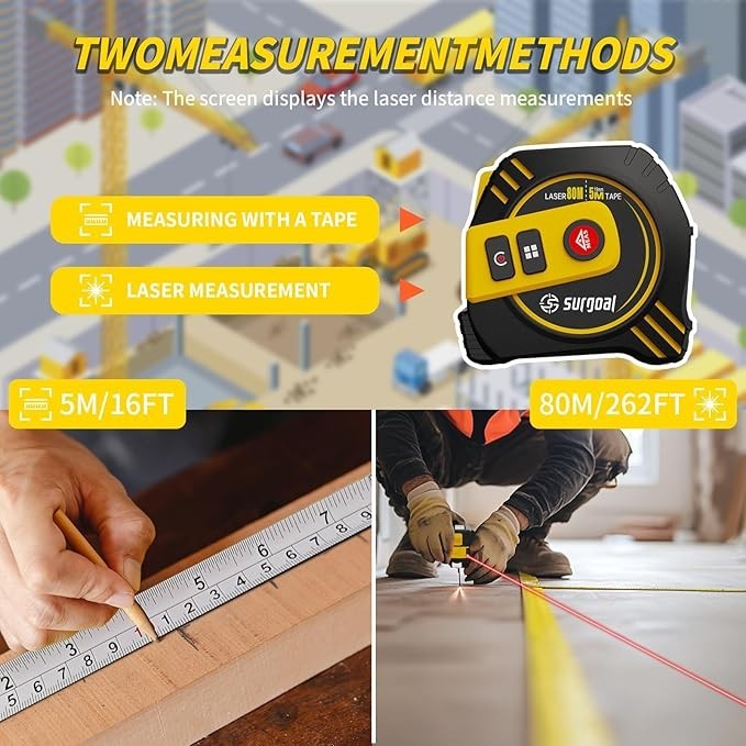 2-in-1 Laser Tape Measure 262ft – Digital Measuring Tape with LCD Display