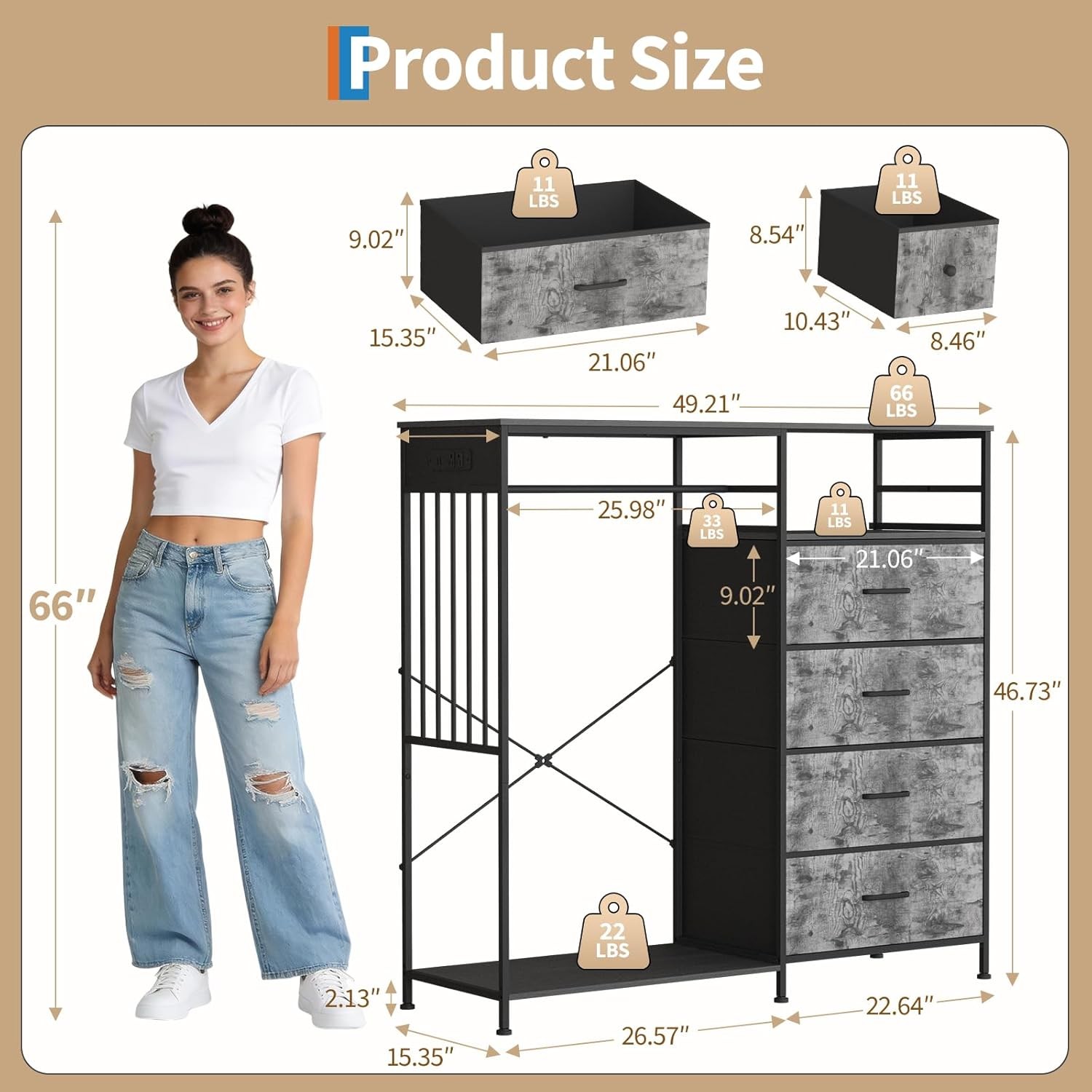 Bedroom Storage Center, Dresser/Wardrobe Combo with Hanging Rack, LED Lights