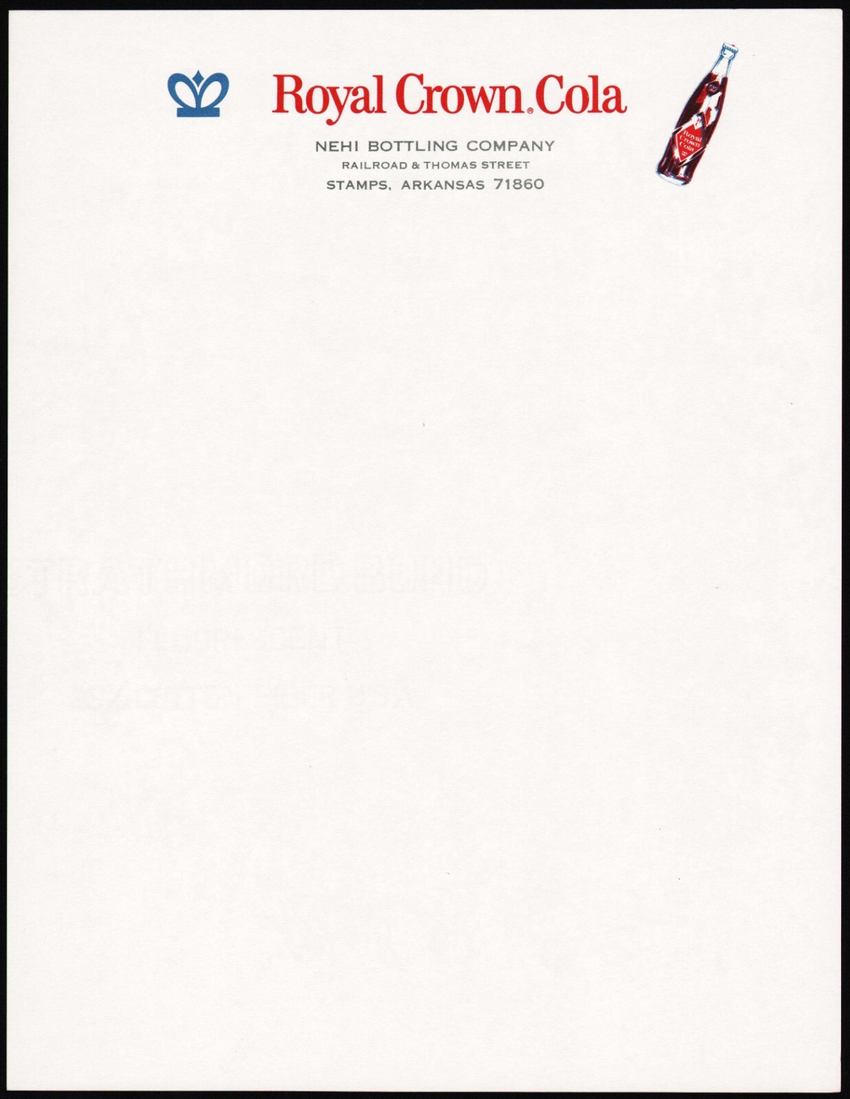 Vintage letterhead ROYAL CROWN COLA Nehi Stamps Arkansas unused new old stock
