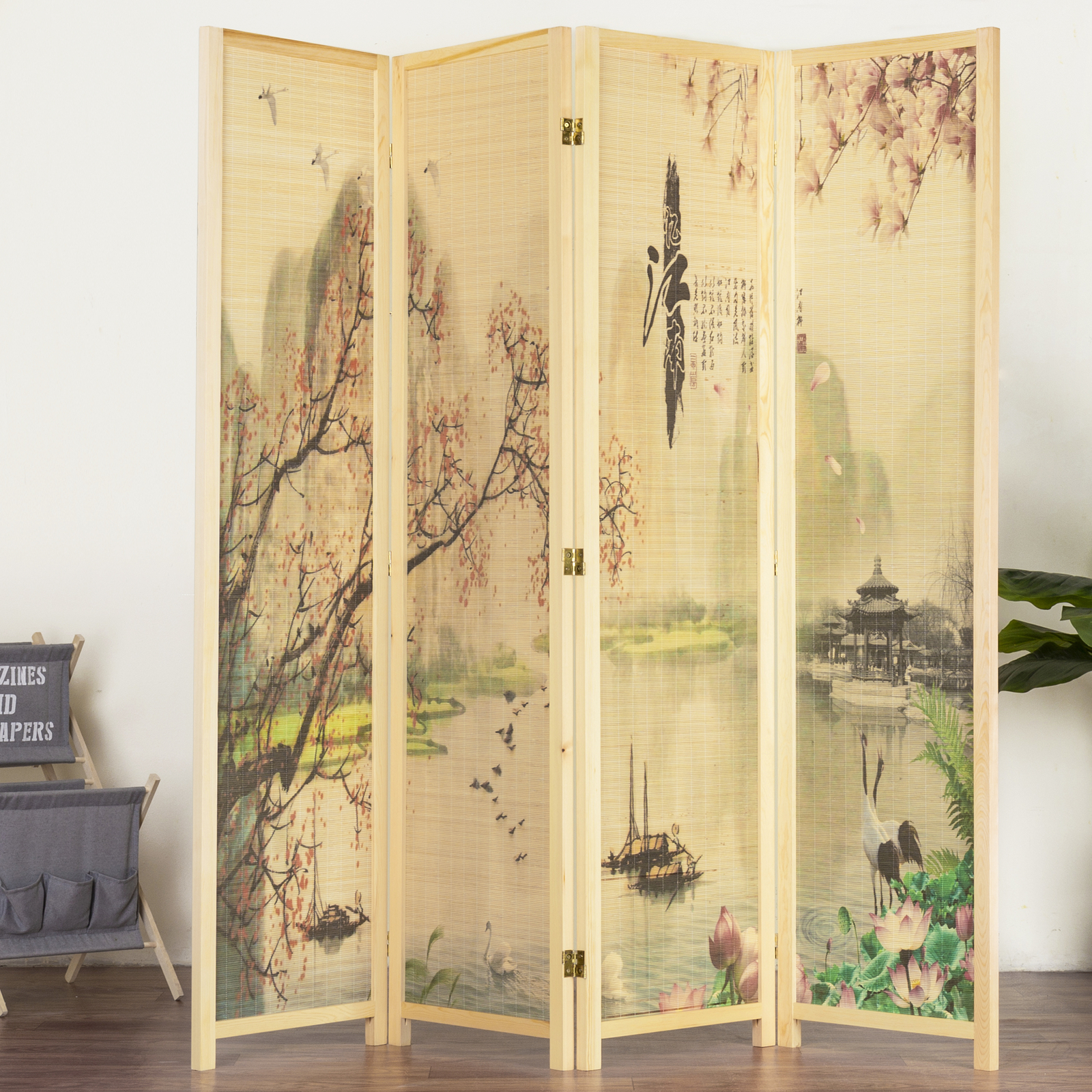 Asian-Inspired Bamboo-Screen 4-Panel Room Divider with Cherry Blossom Scene